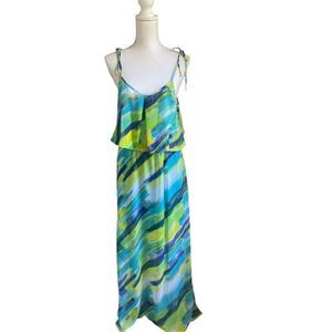 NWT Calvin Klein Spaghetti Strap Maxi Dress Blue/ Green Size 6 ruffled layer